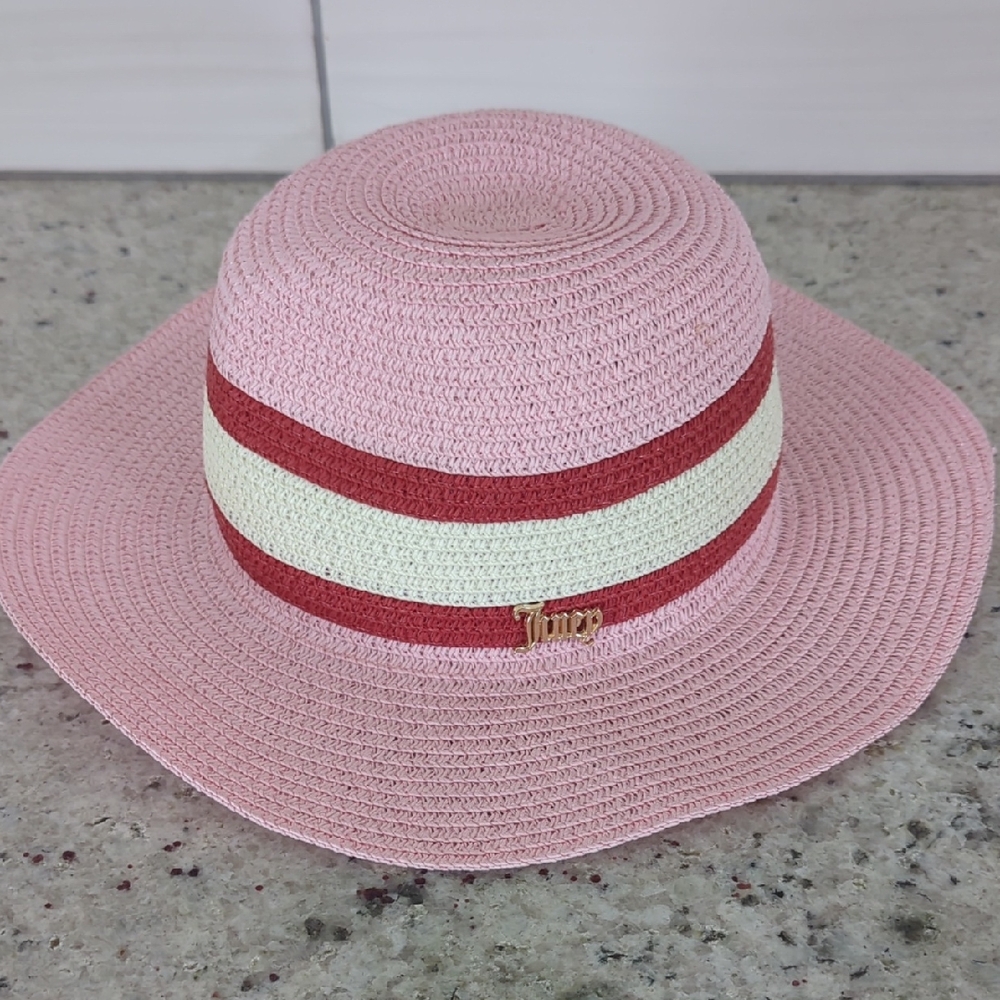 Juicy Couture Pink Straw Hat with Red and Cream Trim